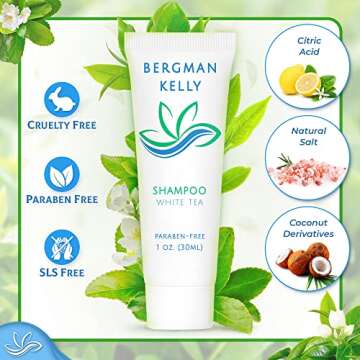 BERGMAN KELLY Travel Size Hotel Shampoo (1 fl oz, 100 PK, White Tea), Delight Your Guests with Revitalizing and Refreshing Shampoo for Guest Hospitality, Mini & Small Size Luxury Shampoo in Bulk