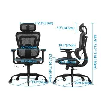 Office Chair, KERDOM Ergonomic Desk Chair, Comfy Breathable Mesh Task Chair with Headrest High Back, Home Computer Chair 3D Adjustable Armrests, Executive Swivel Chair with Roller Blade Wheels