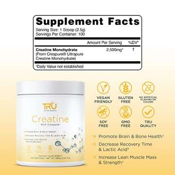 TRU Creatine | 100% Pure Patented Creapure | Increase Strength & Boost Stamina | Build Lean Muscle with Zero Water Retention or Bloating | Clinically Tested and Safe | 100 Servings