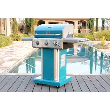 Kenmore 3-Burner Propane BBQ Grill, 30,000 BTUs Gas Grill with Cast Iron Cooking Grates, Folding Side Tables & Wheels, Outdoor Grill with Tool Hooks, Teal