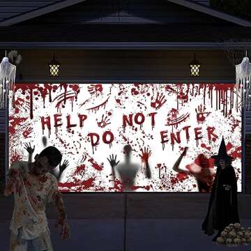 Halloween Garage Door Banner Decorations, Garage Door Cover with Grommets Halloween Decorations Bloodied Handprints Desperate Shadows Halloween Horror Decor Halloween Party Decorations, 6 x 13 ft