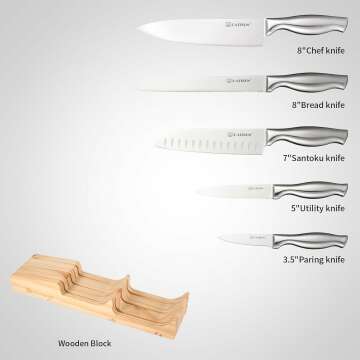 Kitchen Knife Set, 6 Pieces Knife Block Sets with Pine Knives Drawer Organizer, Perfect for Home and Chefs, Premium Knife Holder, Gift for Holiday and Housewarming