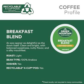 Green Mountain Coffee Roasters Breakfast Blend, Keurig Single Serve K-Cup Pods, Light Roast Coffee, 60 Count, (6 Packs of 10)