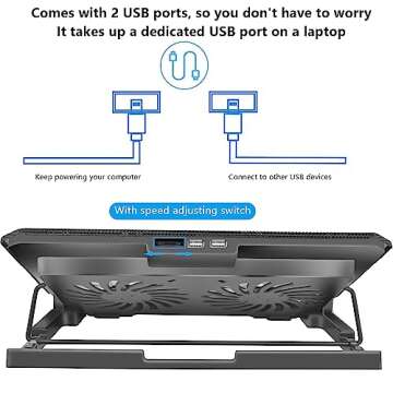 Laptop Cooling Pad, Cooler Pad Chill Mat 2 Quiet Fans LED Lights and 2 USB Ports 5 Height & with Adjustable Speed Mounts Metal Mesh Design, for 9"-17" Laptops（Black）