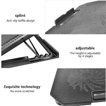 Laptop Cooling Pad, Cooler Pad Chill Mat 2 Quiet Fans LED Lights and 2 USB Ports 5 Height & with Adjustable Speed Mounts Metal Mesh Design, for 9"-17" Laptops（Black）