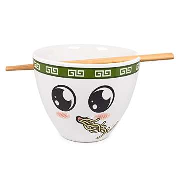 Bowl Bop Soba Slurp Japanese Ceramic Dinnerware Set | Includes 16-Ounce Ramen Noodle Bowl and Wooden Chopsticks | Asian Food Dish Set For Home & Kitchen | Kawaii Anime Gifts, Snack Collectible