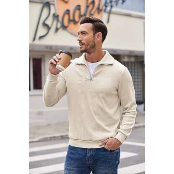 COOFANDY Mens Quarter Polo Mock Neck Corduroy Pullover Casual Solid Sweatshirt Beige