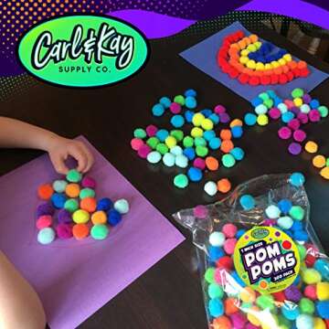 Carl & Kay [300 Pcs] 250 1 Inch Pom Poms & 50 Googly Eyes - Craft Pom Pom Balls - Pompoms for Crafts - Pom Pom for Crafts in Bright & Bold Assorted Colors - Large Pom Poms Arts and Crafts