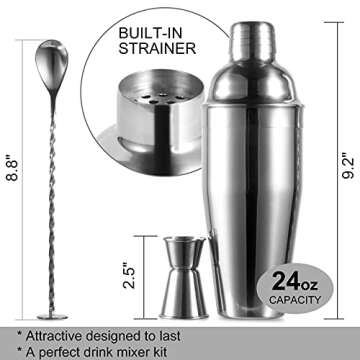 24oz Cocktail Shaker Bar Set - Professional Margarita Mixer Drink Shaker and Measuring Jigger & Mixing Spoon Set - Professional Stainless Steel Bar Tools Built-in Bartender Strainer for Martini Kit