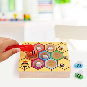 WOOD CITY Toddler Fine Motor Skills Toys, Bee to Hive Matching Game, Wooden Color Sorting Toy for Toddler 2 3 Years Old, Montessori Preschool Learning Toys Gift for Children