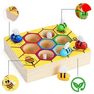 WOOD CITY Toddler Fine Motor Skills Toys, Bee to Hive Matching Game, Wooden Color Sorting Toy for Toddler 2 3 Years Old, Montessori Preschool Learning Toys Gift for Children