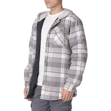 Wrangler Authentics Men's Long Sleeve Quilted Lined Flannel Shirt Jacket with Hood, Gray, Small