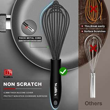 Walfos Silicone Whisk & Stainless Steel Wire Whisk - Versatile 8.5" Kitchen Tools