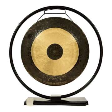 14" Gongs on the Au Courant Gong Stand - Includes Bronze Gong, Metal Gong Stand & Mallet/Traditional Meets Modern/Perfect for Office & Home Decor, Feng Shui