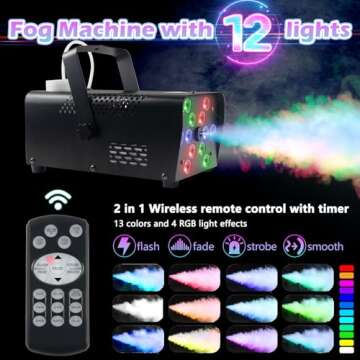 Fog Machine Smoke Halloween Party: 2024 Upgraded with 13 Colorful 12 Led Lights-500W 3000CFM Fog with Wireless Remote for Wedding DJ Stage Effect