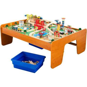 KidKraft Ride Around Town Wooden Train Set with Table, 100 Pieces & Storage