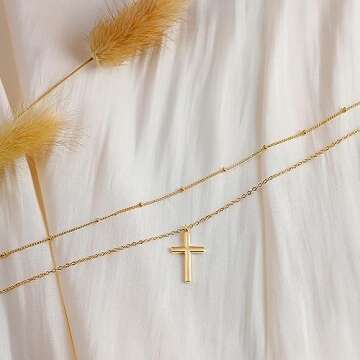 Fettero Cross Necklace Layered Gold Satellite Chain Choker Faith Pendant 14K Gold Plated Dainty Chain Minimalist Simple Tiny God Lords Prayer Religious Jewelry Gift