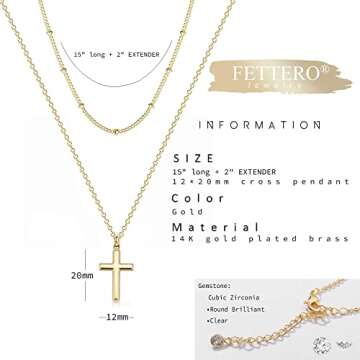 Fettero Cross Necklace Layered Gold Satellite Chain Choker Faith Pendant 14K Gold Plated Dainty Chain Minimalist Simple Tiny God Lords Prayer Religious Jewelry Gift