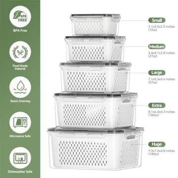 5 PCS Large Fruit Storage Containers for Fridge, Airtight Food Storage Containers with Removable Colander, Dishwasher & Microwave Safe, Berries Containers Keep Vegetables, Fruits Fresh Longer