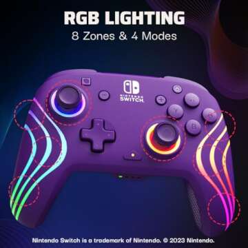 PDP Afterglow Wave Wireless Pro Controller with Full Motion for Nintendo Switch, Nintendo Switch - OLED Model, 8 RGB LED Lighting Zones, 30 Foot Range, 20 Hour Rechargeable Battery: Purple