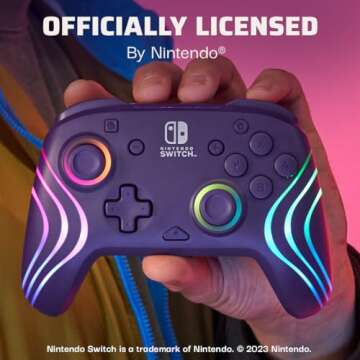 PDP Afterglow Wave Wireless Pro Controller with Full Motion for Nintendo Switch, Nintendo Switch - OLED Model, 8 RGB LED Lighting Zones, 30 Foot Range, 20 Hour Rechargeable Battery: Purple