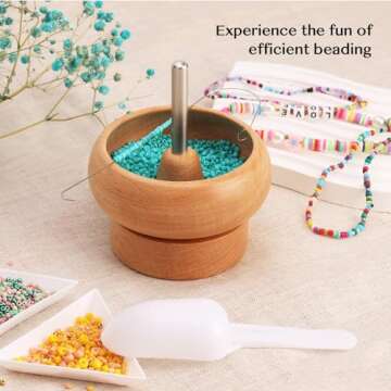 Tilhumt Bead Spinner for Jewelry Making, Effortless Rotating Wooden Clay Bead Spinner with 2 Big Eye Beading Needles and 3000 Seed Beads, Beading Supplies for Making Waist, Bracelets, Necklace