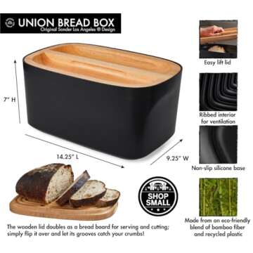 Sonder Los Angeles, Modern Bamboo Fiber (Black) Bread Box for Kitchen Countertop with Reversible Wood Serving Lid, Homemade Bread Storage 14.25 x 9.25 x 7in, Storage Bin and Bread Container