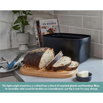 Sonder Los Angeles, Modern Bamboo Fiber (Black) Bread Box for Kitchen Countertop with Reversible Wood Serving Lid, Homemade Bread Storage 14.25 x 9.25 x 7in, Storage Bin and Bread Container