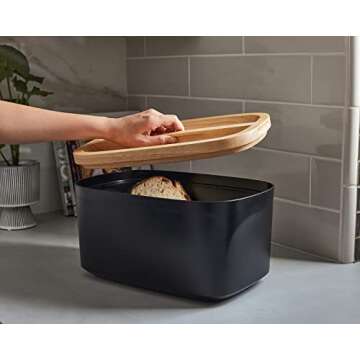 Sonder Los Angeles, Modern Bamboo Fiber (Black) Bread Box for Kitchen Countertop with Reversible Wood Serving Lid, Homemade Bread Storage 14.25 x 9.25 x 7in, Storage Bin and Bread Container