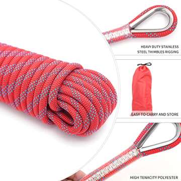 Outdoor Climbing Rope 10MM Diameter 10M(32ft) 20M(64ft) Static Rock Climbing Rope,Tree Climbing Rappelling Rope,Escape Nylon Rope,Ice Climbing Equipment Fire Rescue Parachute Rope with 2 Steel Hooks