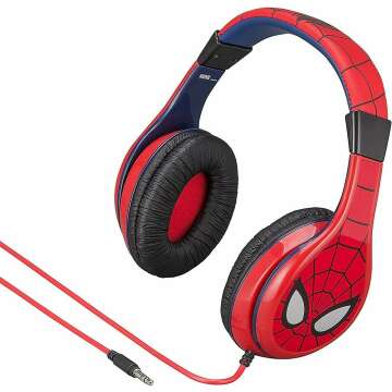 eKids Spiderman Kids Headphones, Adjustable Headband, Stereo Sound, 3.5Mm Jack, Wired, Tangle-Free, Volume Control, Childrens Headphones Over Ear for School Home, Travel