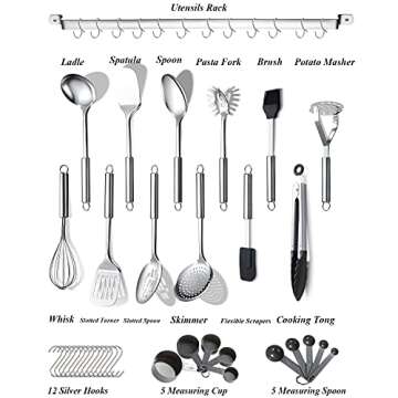 Berglander Kitchen Utensils Set 38 Pieces, Stainless Steel Cooking Utensils Set, Kitchen Gadgets Cookware, Kitchen Tool Set with Utensil Holder Rack And Hooks For Hanging Dishwasher Safe