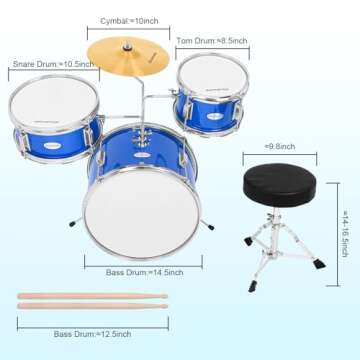 Soulmate Kids Drum Set 3-Piece 14 in Beginner Drum Set with Adjustable Throne, Cymbal, Pedal,8'' Tom 10'' Snare 14'' Bass Drum, Starter Drum Kit For Child age 3-13 Years, Blue