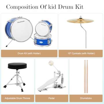 Soulmate Kids Drum Set 3-Piece 14 in Beginner Drum Set with Adjustable Throne, Cymbal, Pedal,8'' Tom 10'' Snare 14'' Bass Drum, Starter Drum Kit For Child age 3-13 Years, Blue