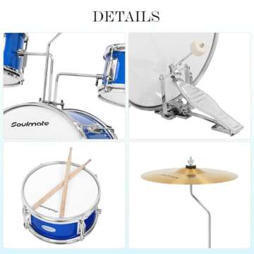 Soulmate Kids Drum Set 3-Piece 14 in Beginner Drum Set with Adjustable Throne, Cymbal, Pedal,8'' Tom 10'' Snare 14'' Bass Drum, Starter Drum Kit For Child age 3-13 Years, Blue