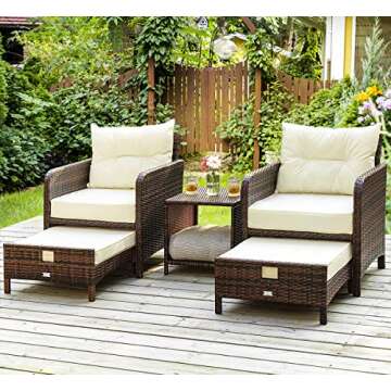 Pamapic 5 Pieces Patio Furniture Set, Rattan Balcony Furniture with Ottomans, PE Wicker Outdoor Patio Chairs Set with Coffee Table for Poolside, Porch, Lawn, Garden, Balcony(Beige)