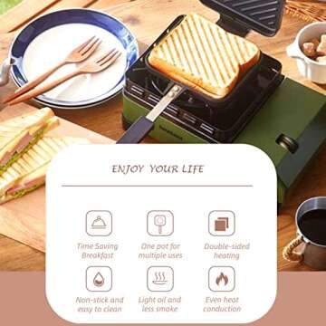 SHYEKYO Breakfast Sandwich Maker, Non Stick Grilled Sandwich and Panini Maker Pan with Anti Scalding Handle, Fast Breakfast Pan, Flat Bottom Double Sided Baking Pan for Home Kitchen Camping