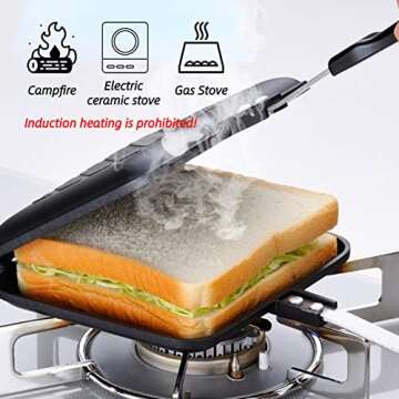 SHYEKYO Breakfast Sandwich Maker, Non Stick Grilled Sandwich and Panini Maker Pan with Anti Scalding Handle, Fast Breakfast Pan, Flat Bottom Double Sided Baking Pan for Home Kitchen Camping