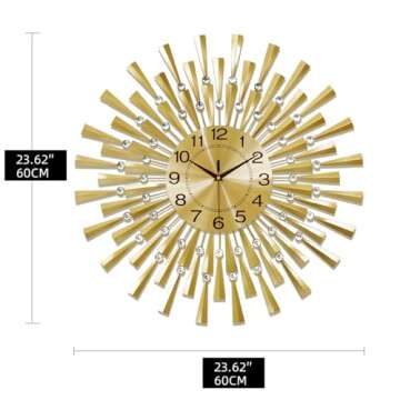 FLEBLE Large Wall Clocks for Living Room Decor Modern Gold Silent Wall Clock Battery Operated Non-Ticking for Bedroom Kitchen Office Home Decorative 24Inch Retro Crystal Clock Wall Decor for House