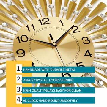 FLEBLE Large Wall Clocks for Living Room Decor Modern Gold Silent Wall Clock Battery Operated Non-Ticking for Bedroom Kitchen Office Home Decorative 24Inch Retro Crystal Clock Wall Decor for House