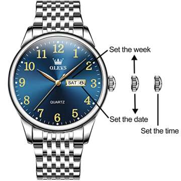 OLEVS Blue Watches for Men Silver Stainless Steel Mens Watches Waterproof Luminous Day Date Dress Minimalist Arabic Numbers Mens Wrist Watch Classic Simple Big Face Relojes para Hombres