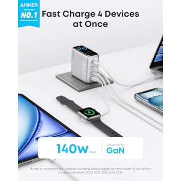 140W USB-C Charger, Anker Laptop Charger, 4-Port Multi-Device Fast Charging, Advanced GaN Power Adapter, Intuitive Touch Controls, for MacBook, iPhone 16 Series, Samsung Galaxy, Pixel, and More