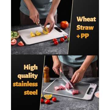 Stainless Steel Cutting Board for Kitchen, Double Sided Non-slip Scratch-resistant Mesh Design with Juice Groove Food-Grade Wheat Straw PP Large Chopping Board（15×10 In）Easy to Clean ﻿