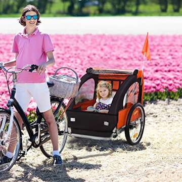 Aosom 2-Seat Child Bike Trailer for Kids with a Strong Steel Frame, 5-Point Safety Harnesses, & Comfortable Seat, Orange