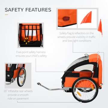 Aosom 2-Seat Child Bike Trailer for Kids with a Strong Steel Frame, 5-Point Safety Harnesses, & Comfortable Seat, Orange