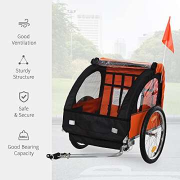 Aosom 2-Seat Child Bike Trailer for Kids with a Strong Steel Frame, 5-Point Safety Harnesses, & Comfortable Seat, Orange