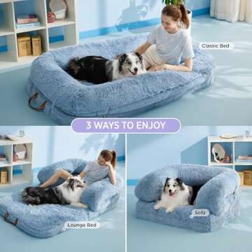 Lesure Foldable Human Dog Bed - 3 in 1 Flexible Giant Human Dog Bed for Adult People with Supportive Bolster Egg Foam, Waterproof Liner, Calming Fluffy Faux Fur Orthopedic Big Bean Bed, Blue