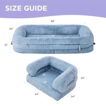 Lesure Foldable Human Dog Bed - 3 in 1 Flexible Giant Human Dog Bed for Adult People with Supportive Bolster Egg Foam, Waterproof Liner, Calming Fluffy Faux Fur Orthopedic Big Bean Bed, Blue