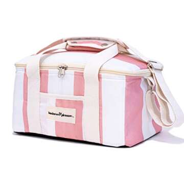 Business & Pleasure Co. Holiday Cooler Bag - Cute Vintage Lunch Bag - Perfect for Beach Days & Picnics - Keeps Food Fresh & Drinks Cold - Insulated Leakproof Lining, 13L - Pink Crew Stripe