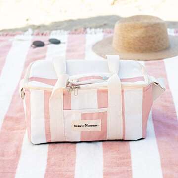 Business & Pleasure Co. Holiday Cooler Bag - Cute Vintage Lunch Bag - Perfect for Beach Days & Picnics - Keeps Food Fresh & Drinks Cold - Insulated Leakproof Lining, 13L - Pink Crew Stripe